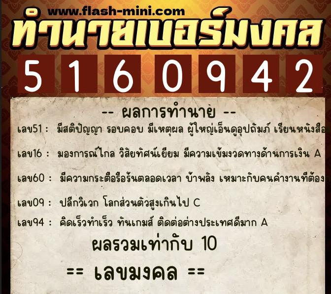 ทำนายเบอร์มงคล 0XX-5160942  ทำนายเบอร์มงคล หมายเลข 085-516094 