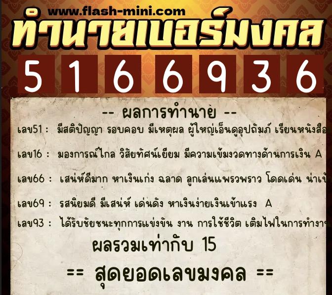 ทำนายเบอร์มงคล 0XX-5166936  ทำนายเบอร์มงคล หมายเลข 099-516693 