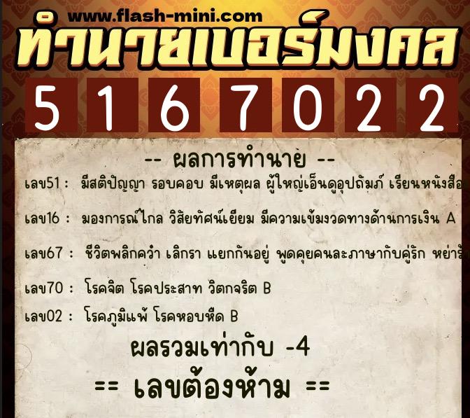 ทำนายเบอร์มงคล 0XX-5167022  ทำนายเบอร์มงคล หมายเลข 099-516702 