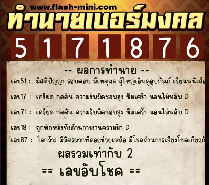 ทำนายเบอร์มงคล 0XX-5171876  ทำนายเบอร์มงคล หมายเลข 083-517187 