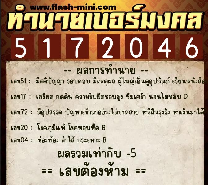 ทำนายเบอร์มงคล 0XX-5172046  ทำนายเบอร์มงคล หมายเลข 067-517204 