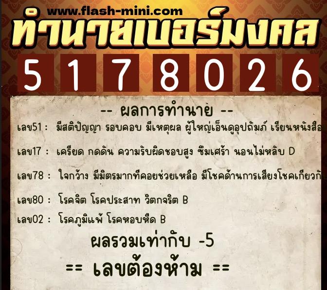 ทำนายเบอร์มงคล 0XX-5178026 ทำนายเบอร์มงคล หมายเลข 098-517802 ทำนายเบอร์มงคล 0XX-5178026 ทำนายเบอร์มงคล หมายเลข 098-517802