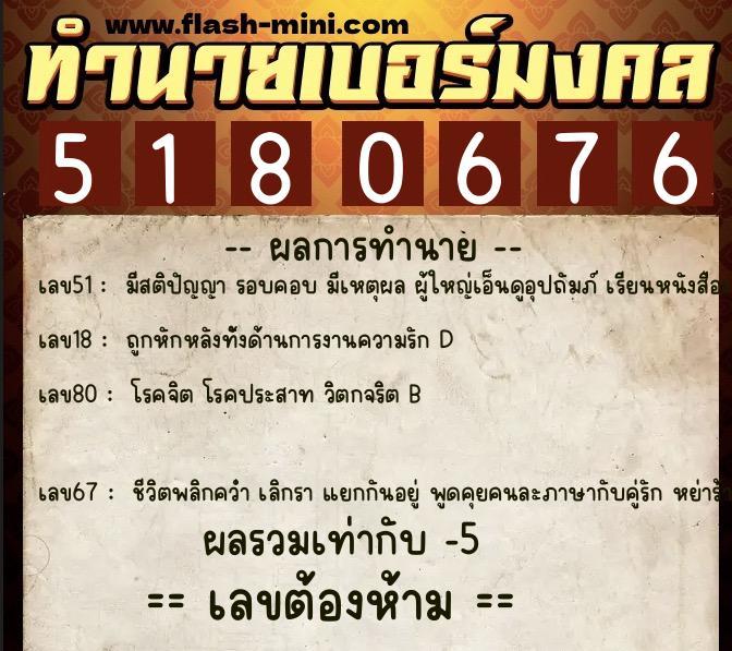 ทำนายเบอร์มงคล 0XX-5180676  ทำนายเบอร์มงคล หมายเลข 062-518067 