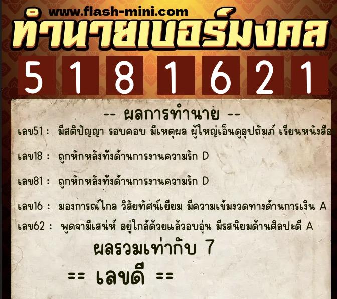 ทำนายเบอร์มงคล 0XX-5181621  ทำนายเบอร์มงคล หมายเลข 091-518162 