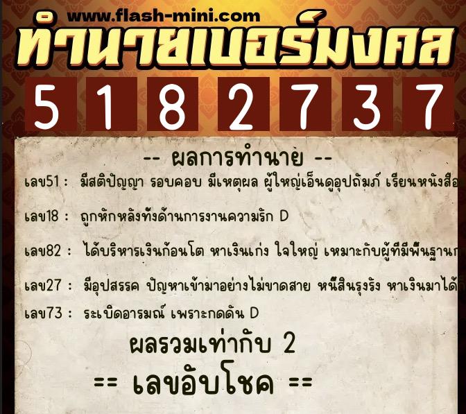 ทำนายเบอร์มงคล 0XX-5182737  ทำนายเบอร์มงคล หมายเลข 089-518273 