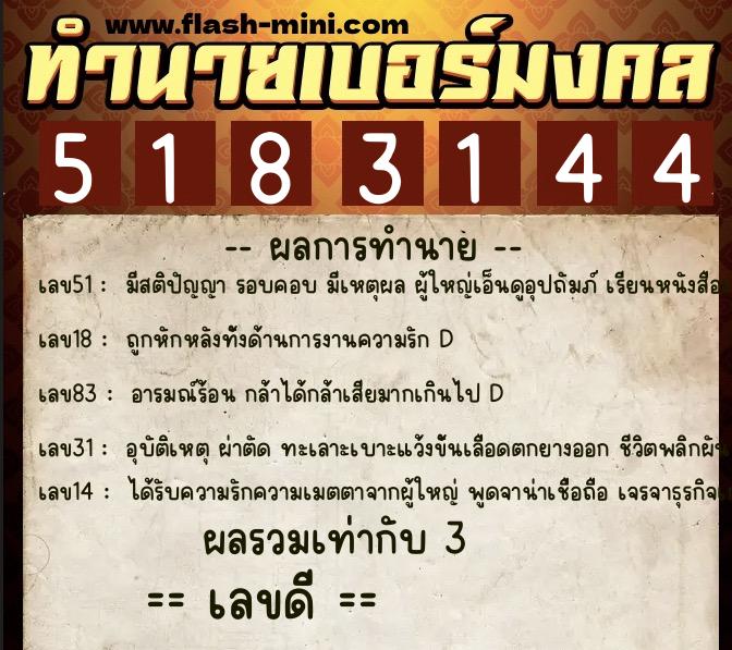 ทำนายเบอร์มงคล 0XX-5183144  ทำนายเบอร์มงคล หมายเลข 082-518314 