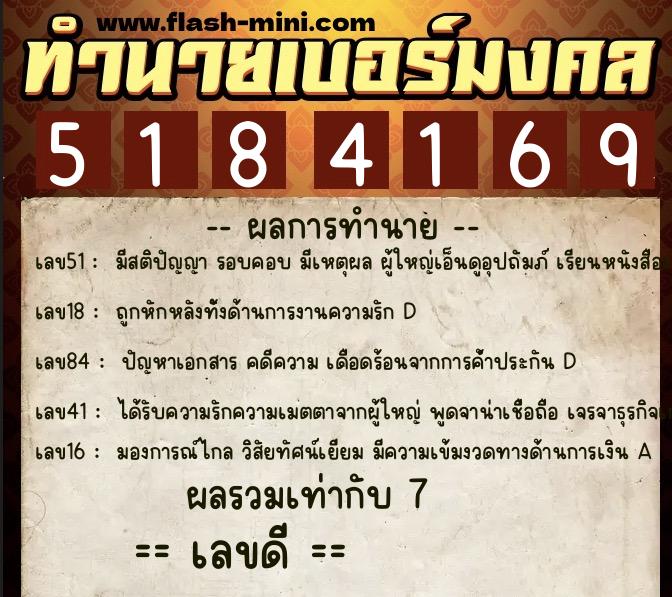 ทำนายเบอร์มงคล 0XX-5184169  ทำนายเบอร์มงคล หมายเลข 089-518416 