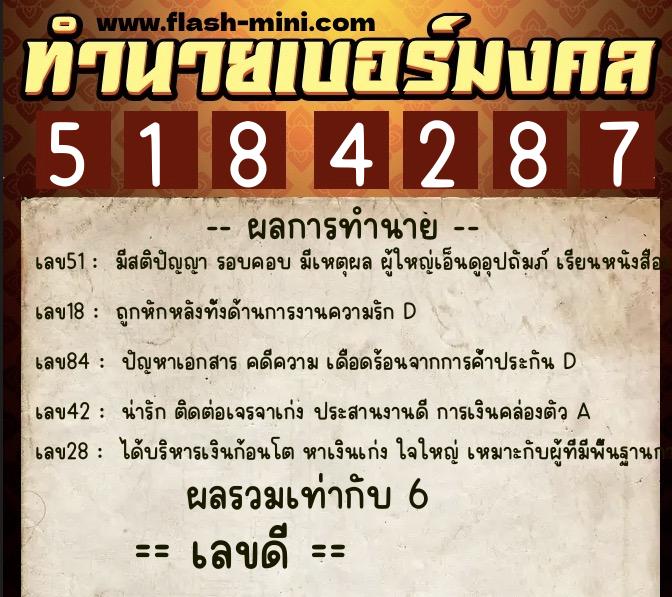 ทำนายเบอร์มงคล 0XX-5184287  ทำนายเบอร์มงคล หมายเลข 080-518428 