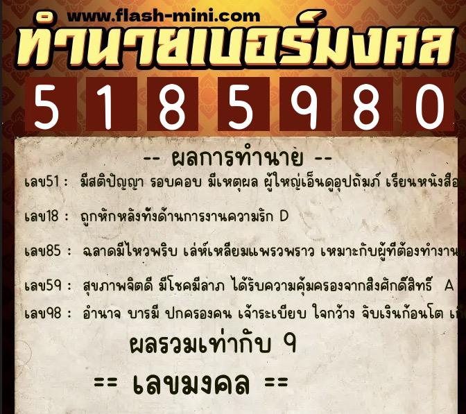 ทำนายเบอร์มงคล 0XX-5185980  ทำนายเบอร์มงคล หมายเลข 093-518598 