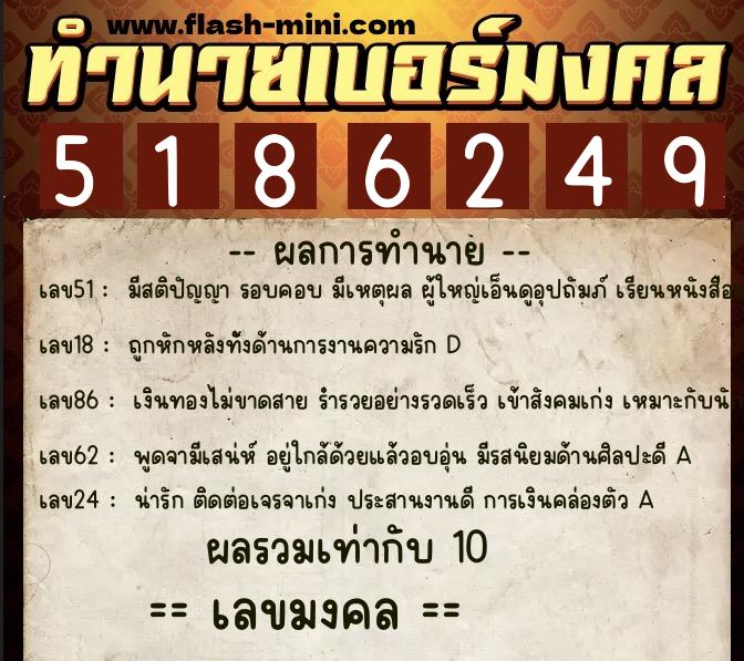 ทำนายเบอร์มงคล 0XX-5186249  ทำนายเบอร์มงคล หมายเลข 088-518624 