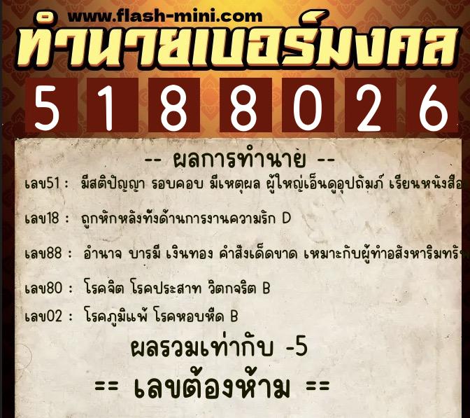 ทำนายเบอร์มงคล 0XX-5188026 ทำนายเบอร์มงคล หมายเลข 065-518802 ทำนายเบอร์มงคล 0XX-5188026 ทำนายเบอร์มงคล หมายเลข 065-518802