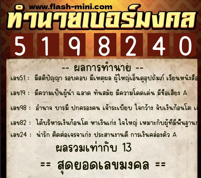 ทำนายเบอร์มงคล 0XX-5198240  ทำนายเบอร์มงคล หมายเลข 095-519824 