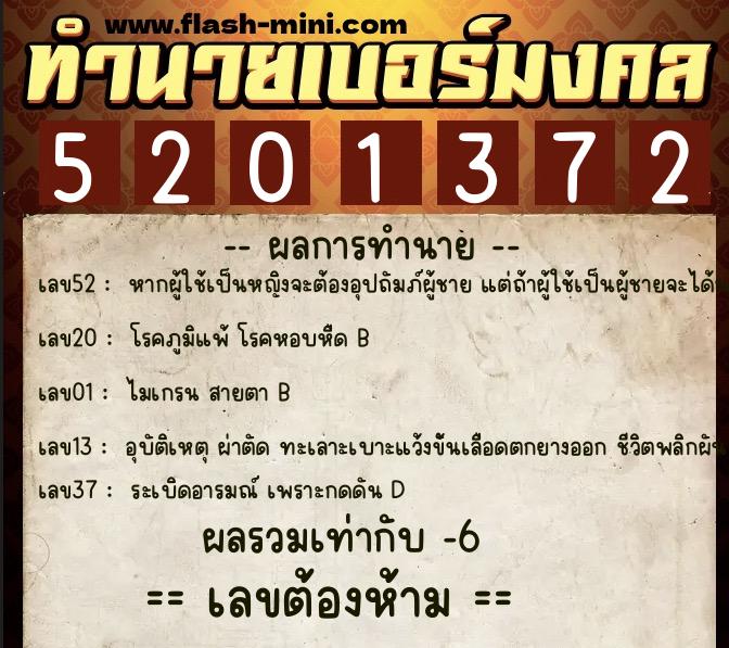 ทำนายเบอร์มงคล 0XX-5201372  ทำนายเบอร์มงคล หมายเลข 065-520137 