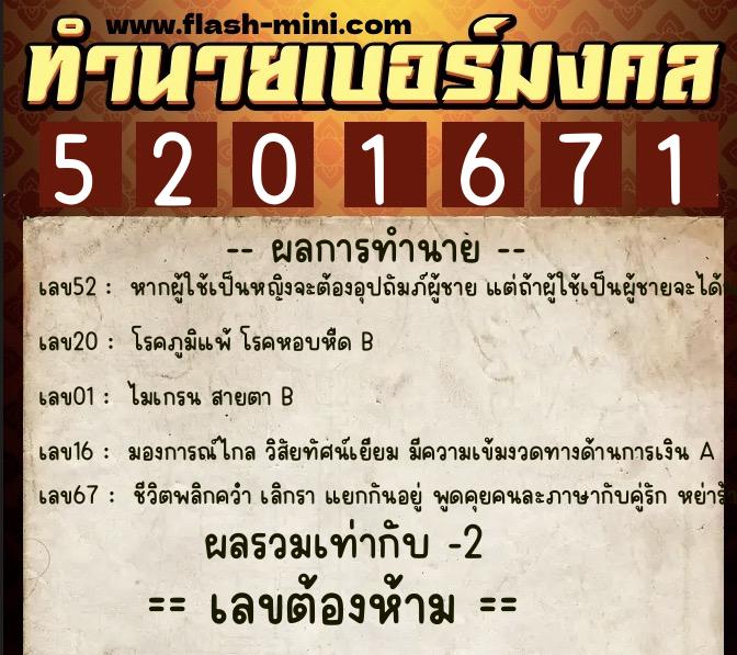 ทำนายเบอร์มงคล 0XX-5201671  ทำนายเบอร์มงคล หมายเลข 068-520167 