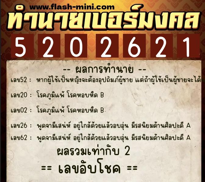 ทำนายเบอร์มงคล 0XX-5202621  ทำนายเบอร์มงคล หมายเลข 093-520262 