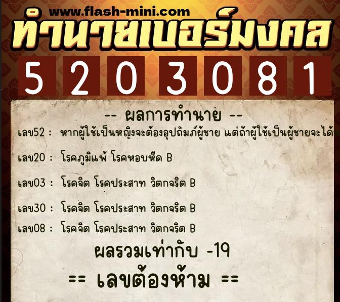 ทำนายเบอร์มงคล 0XX-5203081  ทำนายเบอร์มงคล หมายเลข 097-520308 