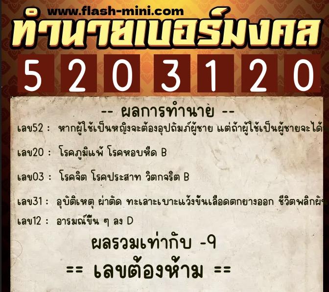 ทำนายเบอร์มงคล 0XX-5203120  ทำนายเบอร์มงคล หมายเลข 065-520312 