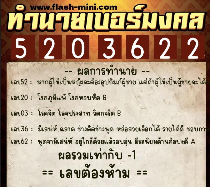 ทำนายเบอร์มงคล 0XX-5203622  ทำนายเบอร์มงคล หมายเลข 081-520362 