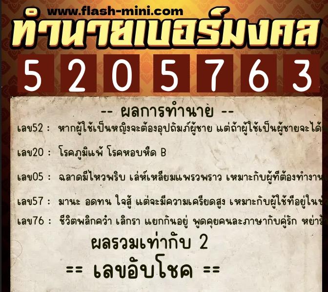 ทำนายเบอร์มงคล 0XX-5205763  ทำนายเบอร์มงคล หมายเลข 098-520576 