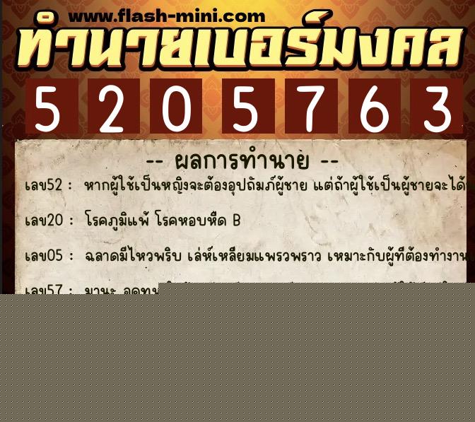 ทำนายเบอร์มงคล 0XX-5205763  ทำนายเบอร์มงคล หมายเลข 095-520576 