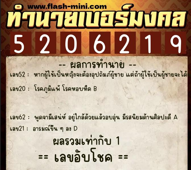 ทำนายเบอร์มงคล 0XX-5206219 ทำนายเบอร์มงคล หมายเลข 062-520621 ทำนายเบอร์มงคล 0XX-5206219 ทำนายเบอร์มงคล หมายเลข 062-520621