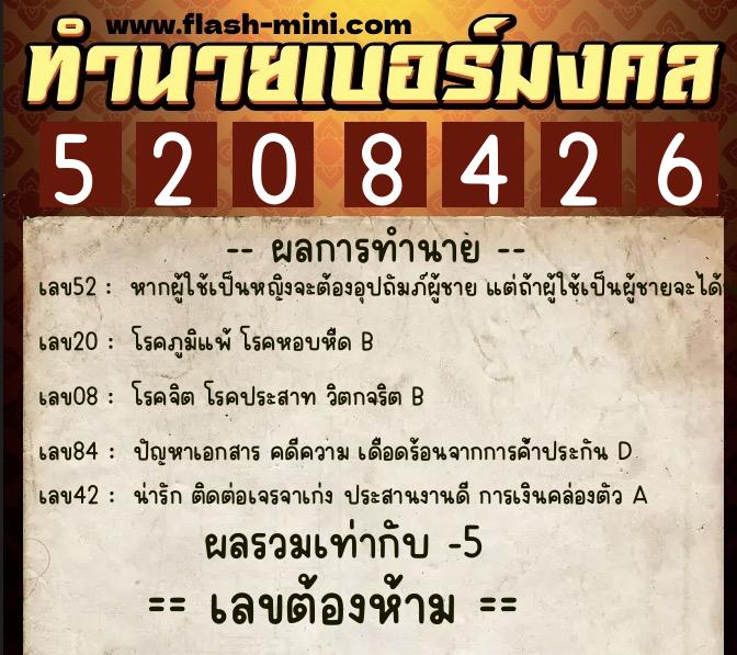 ทำนายเบอร์มงคล 0XX-5208426  ทำนายเบอร์มงคล หมายเลข 067-520842 
