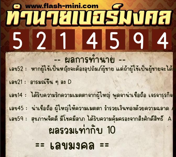 ทำนายเบอร์มงคล 0XX-5214594  ทำนายเบอร์มงคล หมายเลข 069-521459 