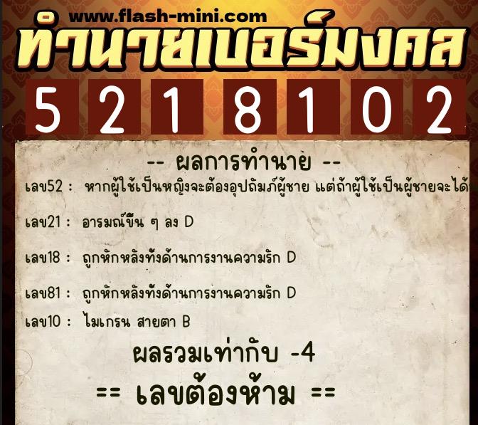 ทำนายเบอร์มงคล 0XX-5218102  ทำนายเบอร์มงคล หมายเลข 089-521810 