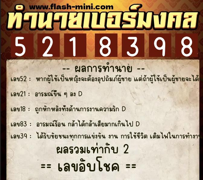 ทำนายเบอร์มงคล 0XX-5218398 ทำนายเบอร์มงคล หมายเลข 080-521839 ทำนายเบอร์มงคล 0XX-5218398 ทำนายเบอร์มงคล หมายเลข 080-521839