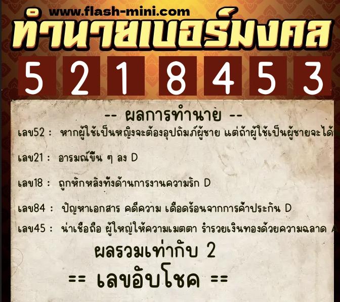 ทำนายเบอร์มงคล 0XX-5218453  ทำนายเบอร์มงคล หมายเลข 065-521845 