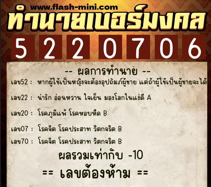ทำนายเบอร์มงคล 0XX-5220706  ทำนายเบอร์มงคล หมายเลข 081-522070 