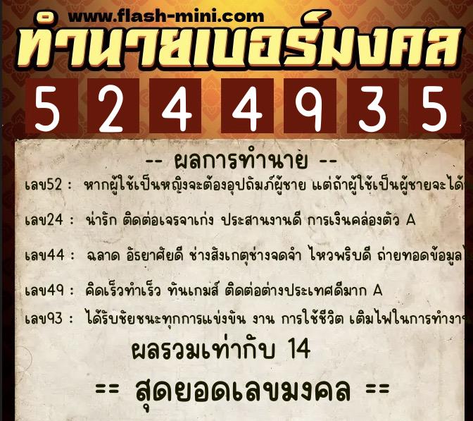 ทำนายเบอร์มงคล 0XX-5244935  ทำนายเบอร์มงคล หมายเลข 094-524493 