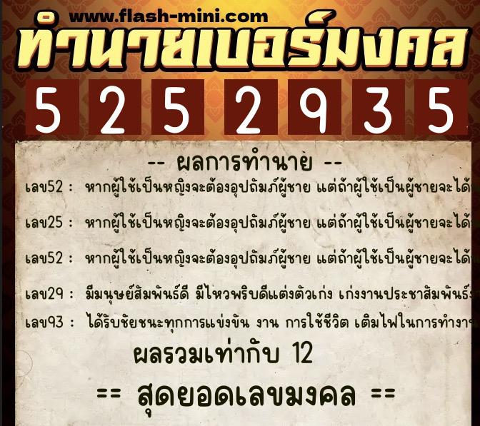 ทำนายเบอร์มงคล 0XX-5252935  ทำนายเบอร์มงคล หมายเลข 080-525293 