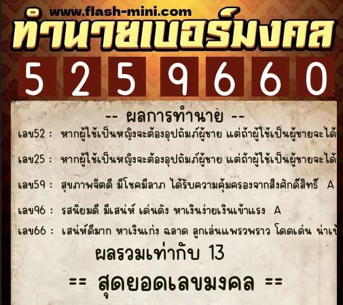 ทำนายเบอร์มงคล 0XX-5259660  ทำนายเบอร์มงคล หมายเลข 083-525966 
