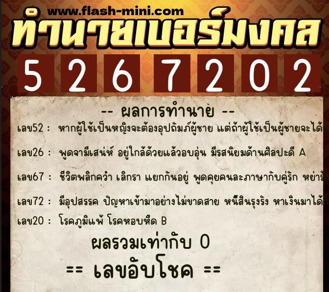 ทำนายเบอร์มงคล 0XX-5267202  ทำนายเบอร์มงคล หมายเลข 096-526720 