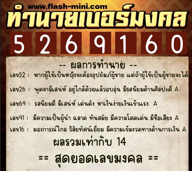 ทำนายเบอร์มงคล 0XX-5269160  ทำนายเบอร์มงคล หมายเลข 087-526916 