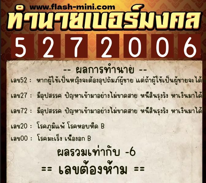ทำนายเบอร์มงคล 0XX-5272006  ทำนายเบอร์มงคล หมายเลข 065-527200 