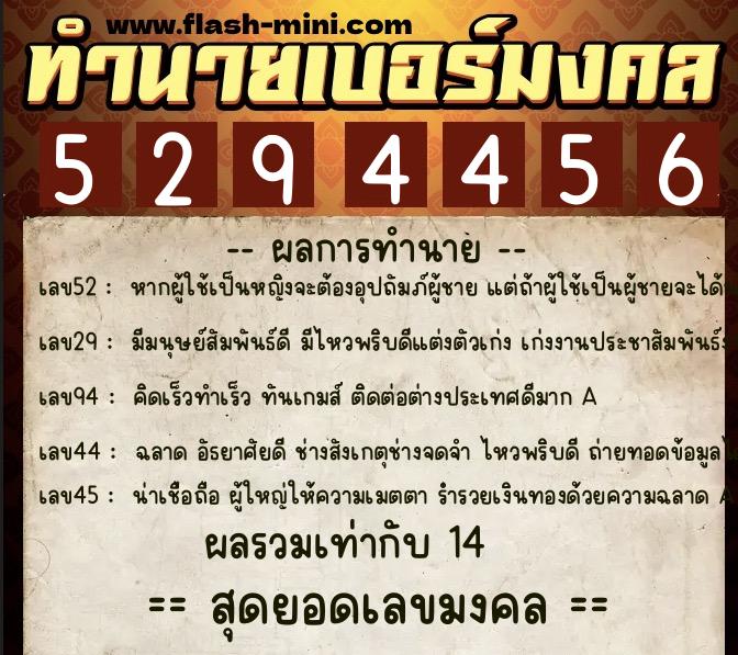 ทำนายเบอร์มงคล 0XX-5294456  ทำนายเบอร์มงคล หมายเลข 084-529445 