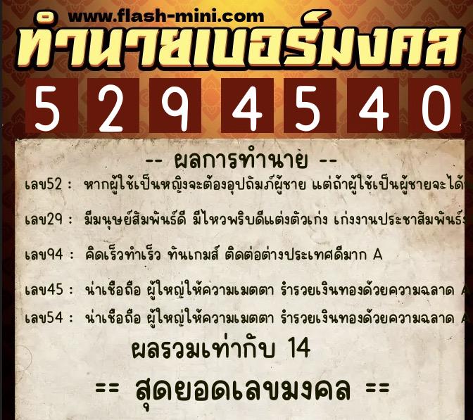 ทำนายเบอร์มงคล 0XX-5294540  ทำนายเบอร์มงคล หมายเลข 082-529454 