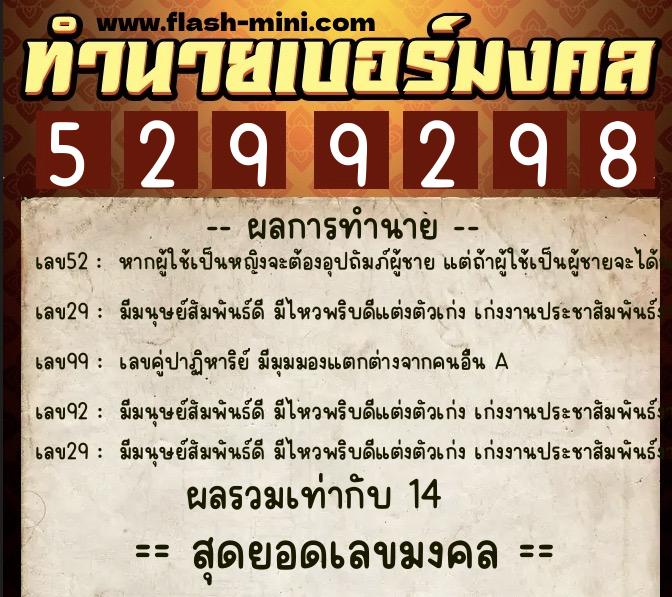 ทำนายเบอร์มงคล 0XX-5299298  ทำนายเบอร์มงคล หมายเลข 084-529929 