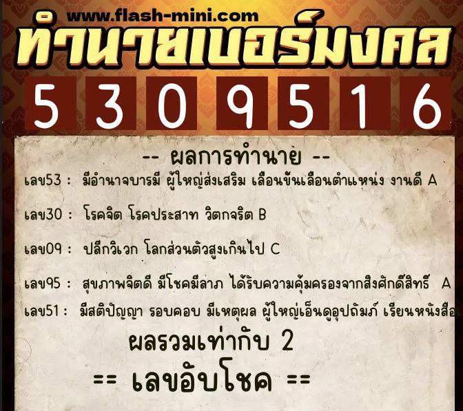 ทำนายเบอร์มงคล 0XX-5309516  ทำนายเบอร์มงคล หมายเลข 067-530951 