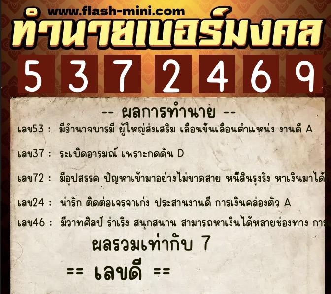 ทำนายเบอร์มงคล 0XX-5372469  ทำนายเบอร์มงคล หมายเลข 099-537246 