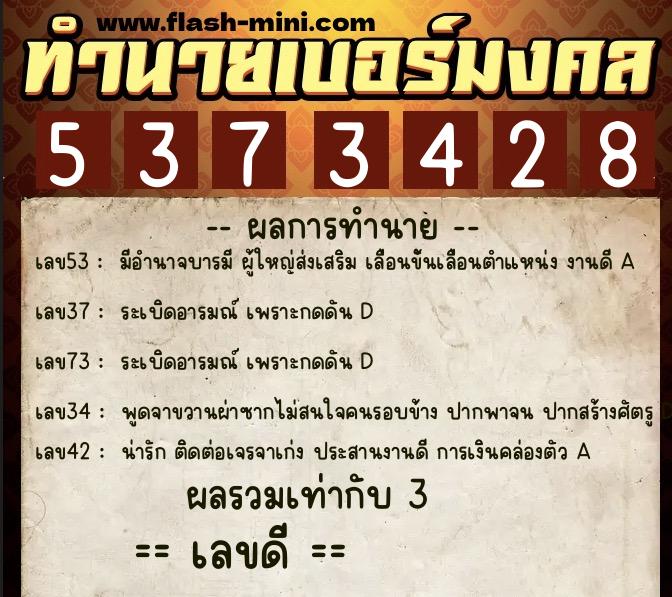 ทำนายเบอร์มงคล 0XX-5373428  ทำนายเบอร์มงคล หมายเลข 089-537342 