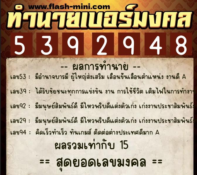 ทำนายเบอร์มงคล 0XX-5392948  ทำนายเบอร์มงคล หมายเลข 089-539294 