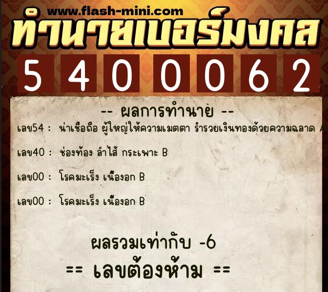 ทำนายเบอร์มงคล 0XX-5400062  ทำนายเบอร์มงคล หมายเลข 067-540006 