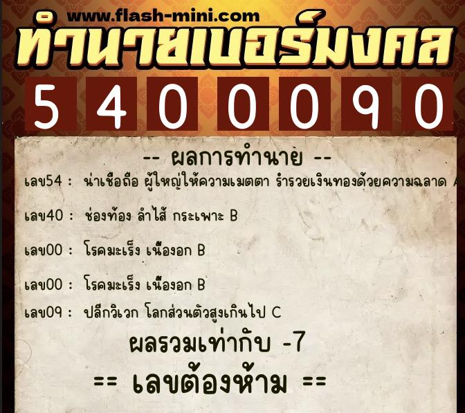 ทำนายเบอร์มงคล 0XX-5400090  ทำนายเบอร์มงคล หมายเลข 099-540009 