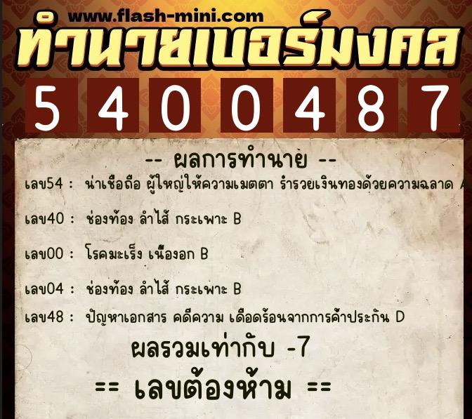 ทำนายเบอร์มงคล 0XX-5400487  ทำนายเบอร์มงคล หมายเลข 088-540048 