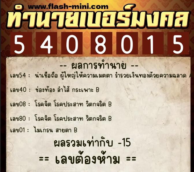ทำนายเบอร์มงคล 0XX-5408015  ทำนายเบอร์มงคล หมายเลข 089-540801 