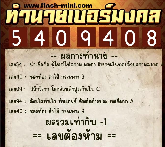 ทำนายเบอร์มงคล 0XX-5409408  ทำนายเบอร์มงคล หมายเลข 087-540940 