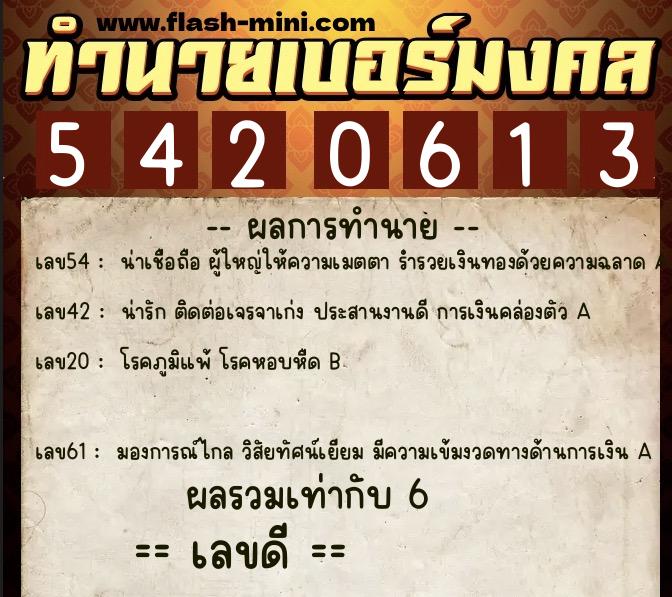 ทำนายเบอร์มงคล 0XX-5420613  ทำนายเบอร์มงคล หมายเลข 062-542061 